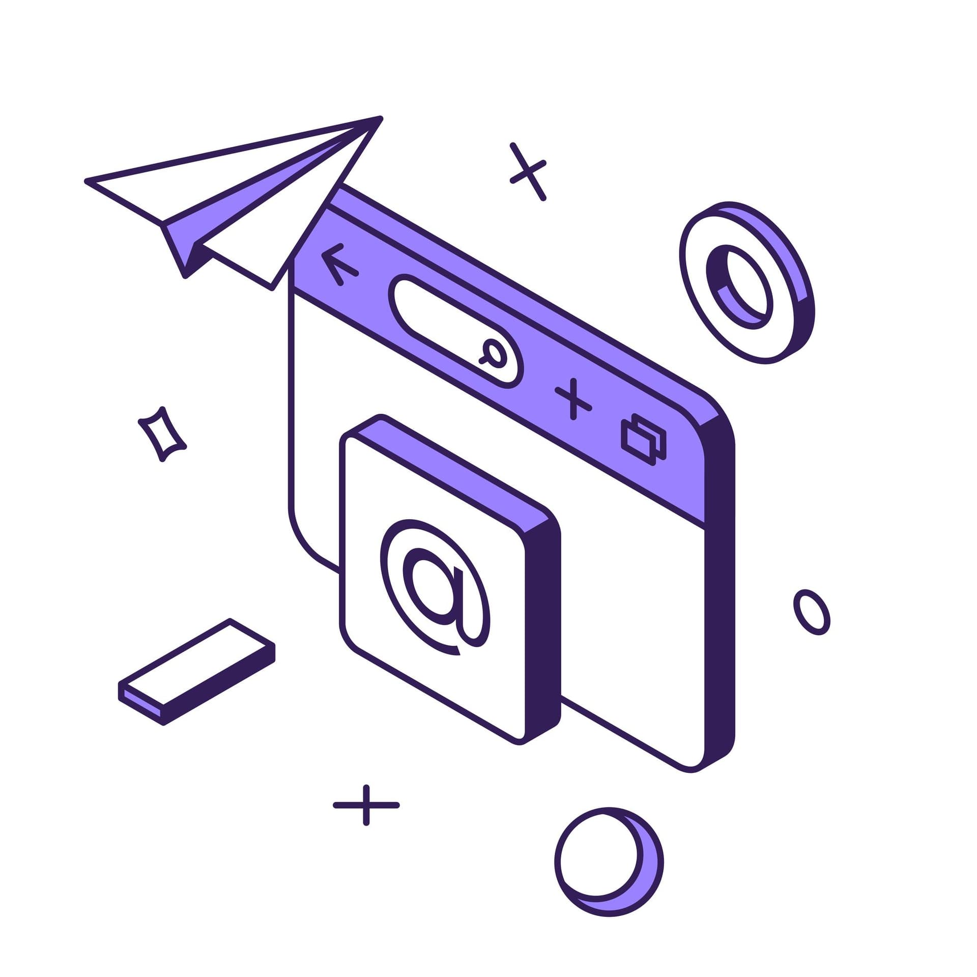 Isometric illustration of an email window with a paper plane and @ symbol